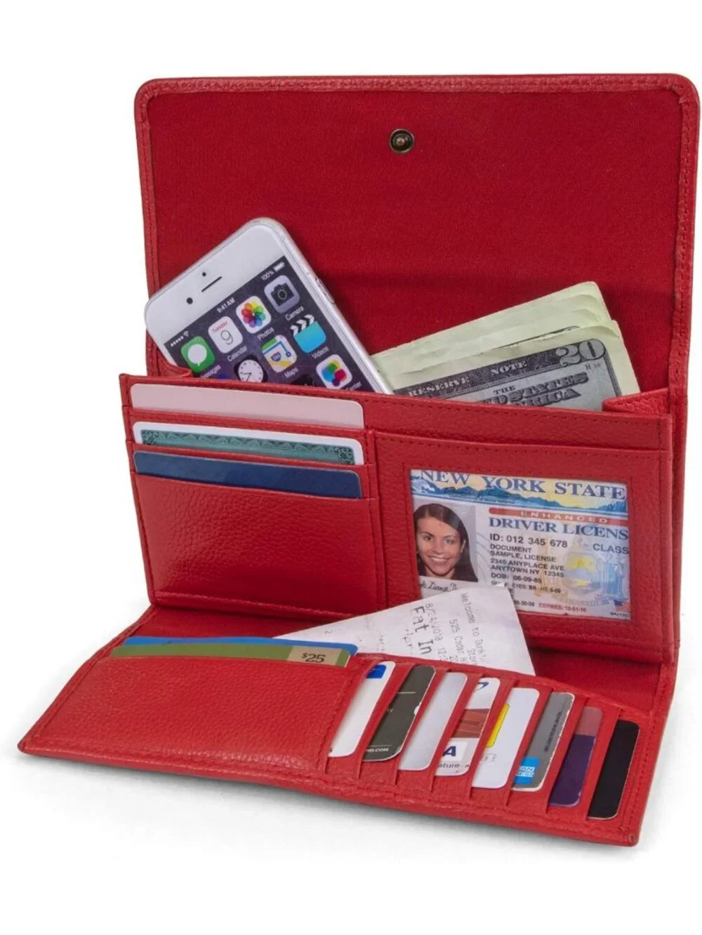 Stylish Leather RFID Flap Wallet Clutch Organizer - Cherry Pebble Design